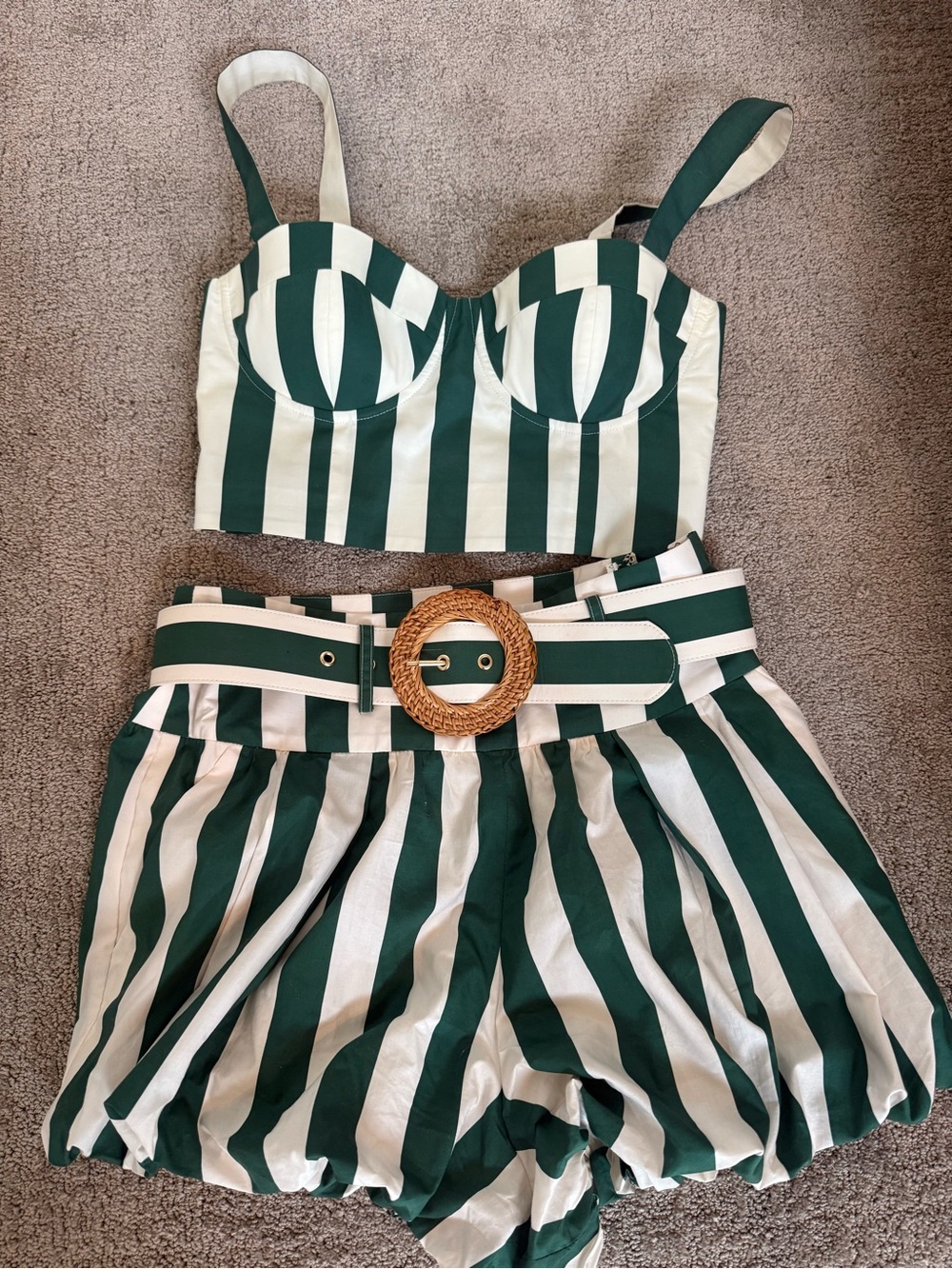 Cara Cara Striped Green & White High-Waist Belted Women’s corset top and shorts